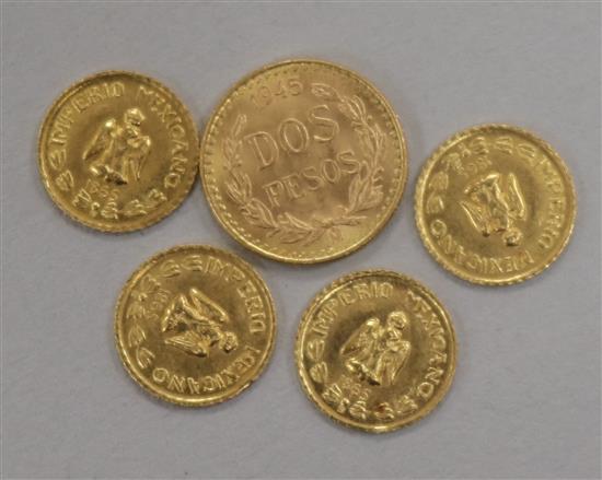 Five Mexican gold coins, 3.7g gross